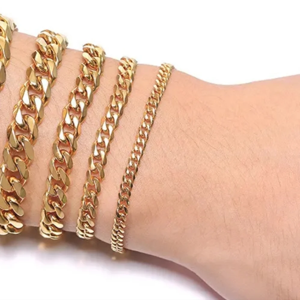 Gold Stainless Steel 3mm Curb Cuban Chain Link Bracelet Unisex Mens Womens Slim
